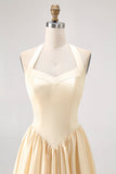Daffodil Satin A Line Halter Long Bridesmaid Dress