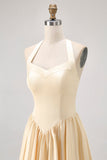 Daffodil Satin A Line Halter Long Bridesmaid Dress