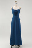 Dark Blue Spaghetti Straps Satin Maxi Bridesmaid Dress