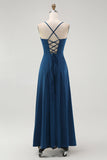 Dark Blue Spaghetti Straps Satin Maxi Bridesmaid Dress