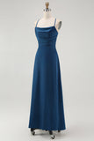 Dark Blue Spaghetti Straps Satin Maxi Bridesmaid Dress