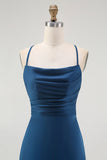 Dark Blue Spaghetti Straps Satin Maxi Bridesmaid Dress
