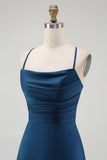 Dark Blue Spaghetti Straps Satin Maxi Bridesmaid Dress