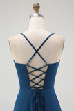 Dark Blue Spaghetti Straps Satin Maxi Bridesmaid Dress