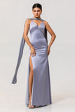 Simple Dusty Blue Satin Sheath Maxi Bridesmaid Dress with Slit