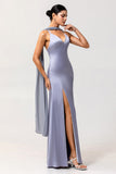 Simple Dusty Blue Satin Sheath Maxi Bridesmaid Dress with Slit