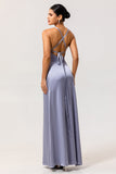 Simple Dusty Blue Satin Sheath Maxi Bridesmaid Dress with Slit