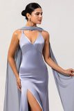 Simple Dusty Blue Satin Sheath Maxi Bridesmaid Dress with Slit