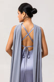 Simple Dusty Blue Satin Sheath Maxi Bridesmaid Dress with Slit