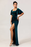 Peacock Green Velvet Square Neck Long Bridesmaid Dress with Sleeves