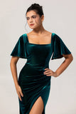Peacock Green Velvet Square Neck Long Bridesmaid Dress with Sleeves