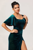 Peacock Green Velvet Square Neck Long Bridesmaid Dress with Sleeves