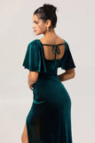Peacock Green Velvet Square Neck Long Bridesmaid Dress with Sleeves
