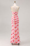 Pink Floral Printed Cut Out Ruffled One Shoulder Maxi Bridesmaid Dress with Slit