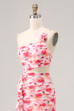 Pink Floral Printed Cut Out Ruffled One Shoulder Maxi Bridesmaid Dress with Slit