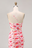 Pink Floral Printed Cut Out Ruffled One Shoulder Maxi Bridesmaid Dress with Slit