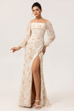 Yellow Floral Corset Long Sleeves Bridesmaid Dress with Slit