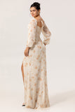 Yellow Floral Corset Long Sleeves Bridesmaid Dress with Slit