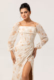 Yellow Floral Corset Long Sleeves Bridesmaid Dress with Slit