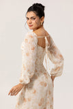 Yellow Floral Corset Long Sleeves Bridesmaid Dress with Slit