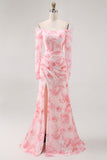 Pink Floral Mermaid Long Sleeves Wedding Guest Dress with Slit