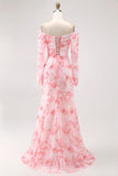 Pink Floral Mermaid Long Sleeves Wedding Guest Dress with Slit