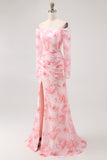 Pink Floral Mermaid Long Sleeves Wedding Guest Dress with Slit