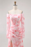 Pink Floral Mermaid Long Sleeves Wedding Guest Dress with Slit
