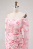 Pink Floral Mermaid Long Sleeves Wedding Guest Dress with Slit