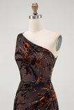 Black Burnout Velvet Sheath Long Floral Wedding Guest Dress with Slit
