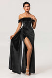 Peacock Green Corset Ruched Off the Shoulder Long Bridesmaid Dress with Slit