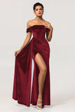 Peacock Green Corset Ruched Off the Shoulder Long Bridesmaid Dress with Slit