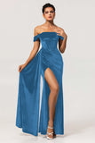 Peacock Green Corset Ruched Off the Shoulder Long Bridesmaid Dress with Slit