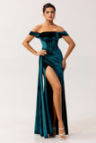 Peacock Green Corset Ruched Off the Shoulder Long Bridesmaid Dress with Slit