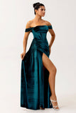 Peacock Green Corset Ruched Off the Shoulder Long Bridesmaid Dress with Slit