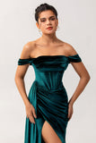 Peacock Green Corset Ruched Off the Shoulder Long Bridesmaid Dress with Slit