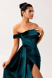 Peacock Green Corset Ruched Off the Shoulder Long Bridesmaid Dress with Slit