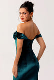 Peacock Green Corset Ruched Off the Shoulder Long Bridesmaid Dress with Slit