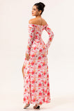 Pink Floral Ruched Long Sleeves Bridesmaid Dress with Slit
