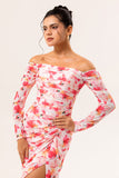 Pink Floral Ruched Long Sleeves Bridesmaid Dress with Slit