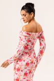 Pink Floral Ruched Long Sleeves Bridesmaid Dress with Slit