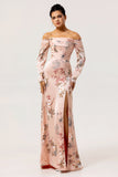 Blush Floral Satin Off the Shoulder Maxi Bridesmaid Dress with Slit