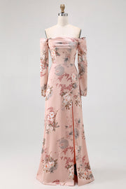 Blush Floral Satin Off the Shoulder Maxi Bridesmaid Dress with Slit