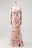 Blush Floral Satin Off the Shoulder Maxi Bridesmaid Dress with Slit