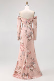 Blush Floral Satin Off the Shoulder Maxi Bridesmaid Dress with Slit