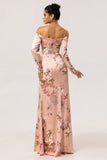 Blush Floral Satin Off the Shoulder Maxi Bridesmaid Dress with Slit