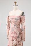 Blush Floral Satin Off the Shoulder Maxi Bridesmaid Dress with Slit