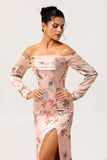 Blush Satin Floral Long Sleeves Bridesmaid Dress with Slit