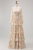 Champagne Corset Floral Tiered Long Bridesmaid Dress with Sleeves