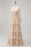 Champagne Corset Floral Tiered Long Bridesmaid Dress with Sleeves